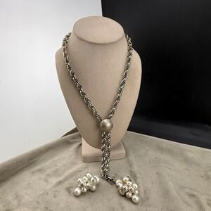 Vintage Lariat Necklace Silver Tone Faux Pearl Tassels 23"